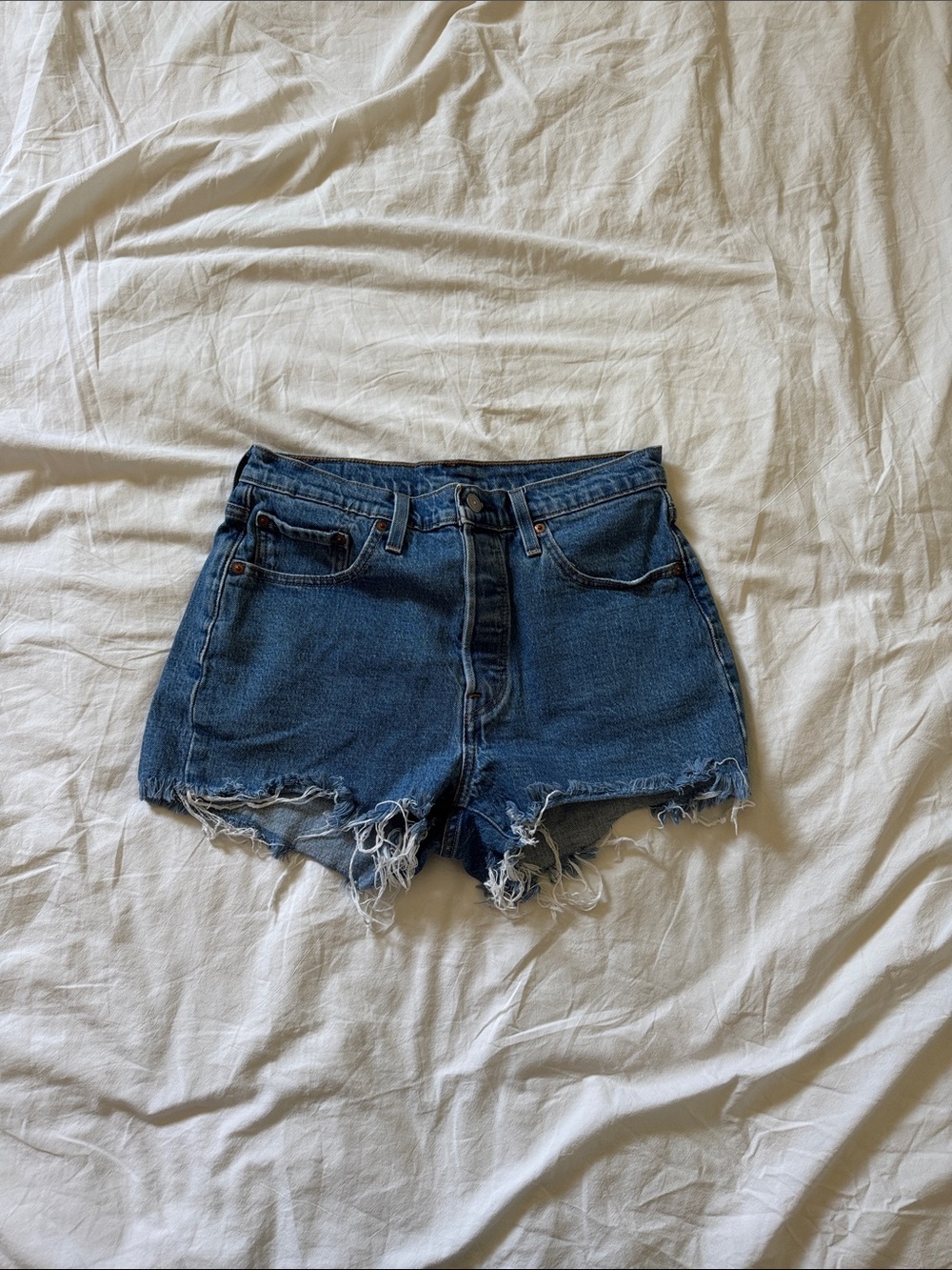 Levi's Dark Blue High-Rise Frayed Jean Shorts